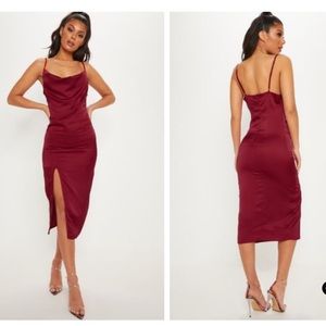 Burgundy Satin Cowl neck dress